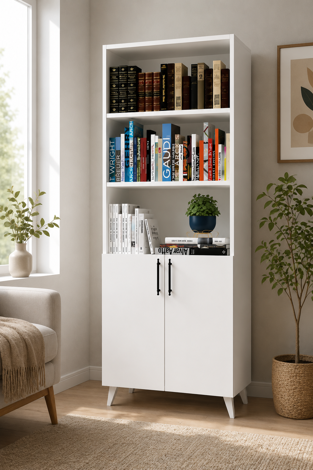 %100 Mdf Kapaklı Tekli Modül Ayaklı Beyaz Geniş Kitaplık