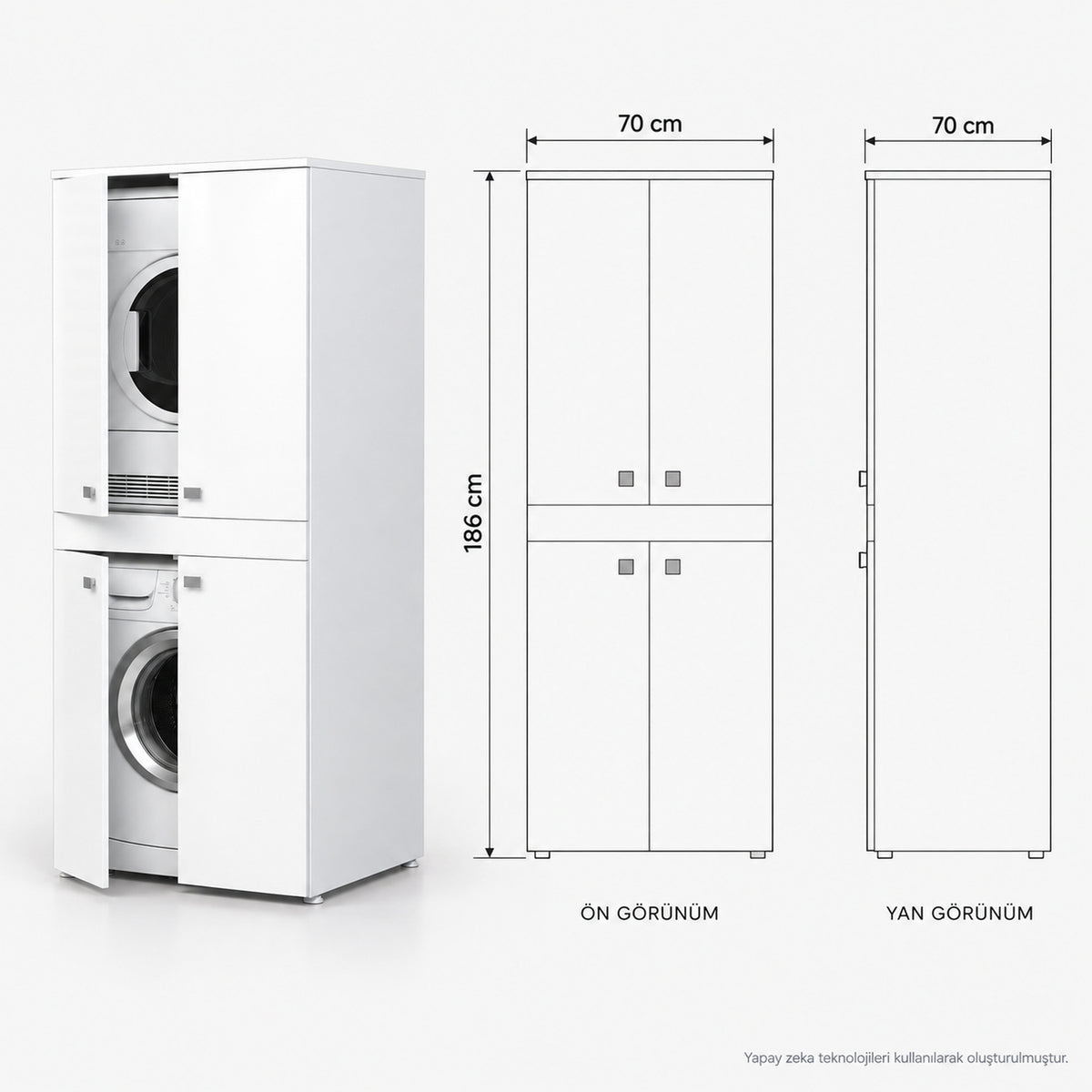 Renazzo %100 MDF Çamaşır Makinesi ve Kurutma Makinesi Dolabı Beyaz 186x70x70 teknik ölçü