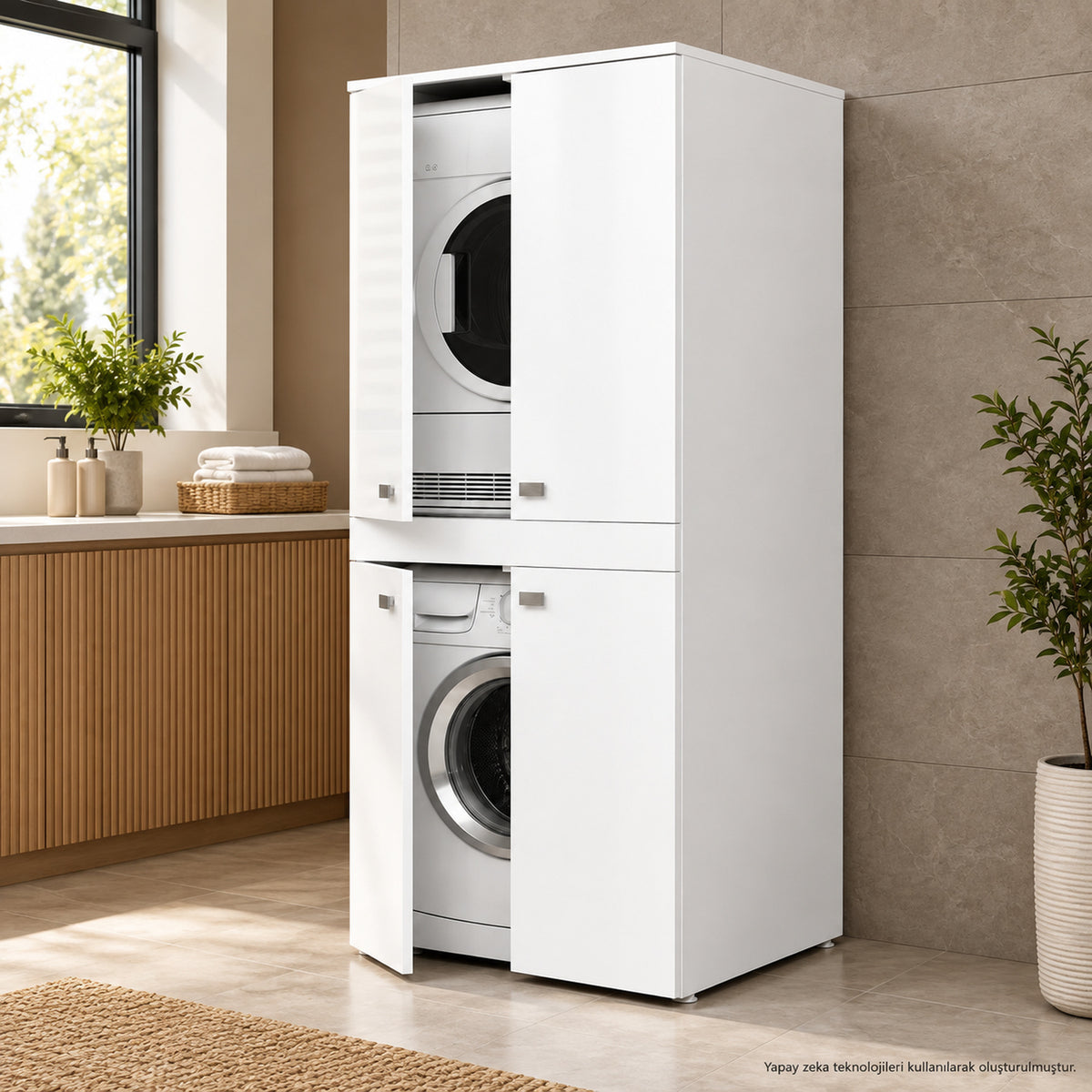 Renazzo %100 MDF Çamaşır Makinesi ve Kurutma Makinesi Dolabı Beyaz farklı açı