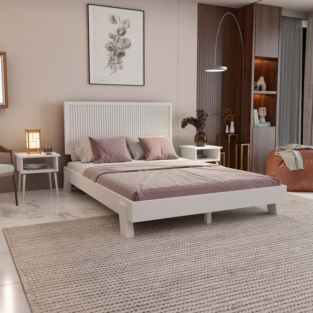 Alaz Model Beyaz Renk Çam Ahşap Karyola Ve İki Komodin Set ( Dikey )