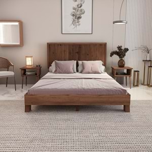 Alaz Model Ceviz Renk Çam Ahşap Karyola Ve İki Komodin Set ( Dikey )