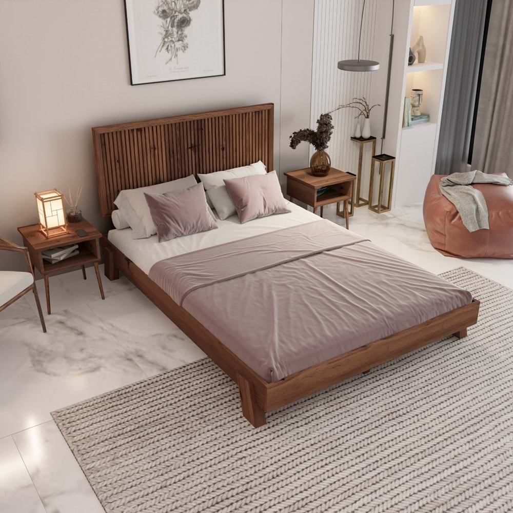 Alaz Model Ceviz Renk Çam Ahşap Karyola Ve İki Komodin Set ( Dikey )