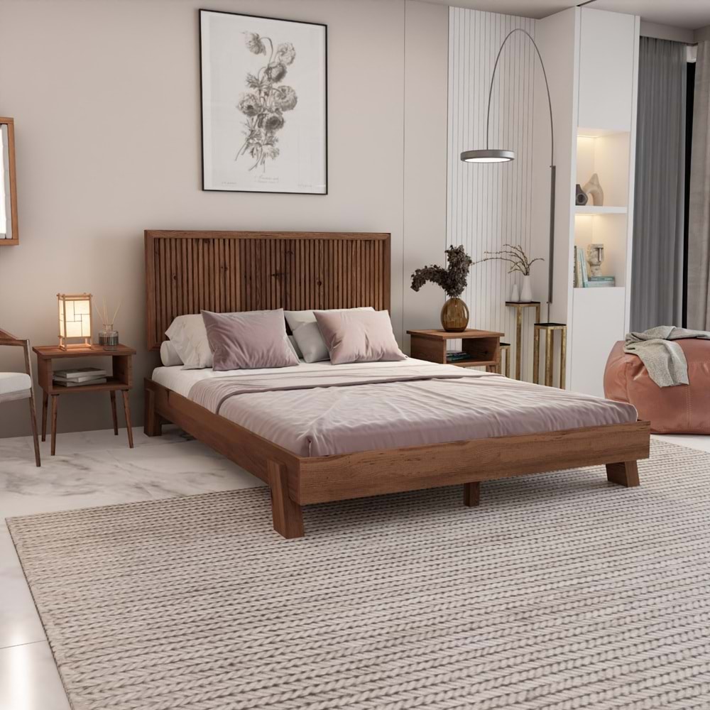 Alaz Model Ceviz Renk Çam Ahşap Karyola Ve İki Komodin Set ( Dikey )