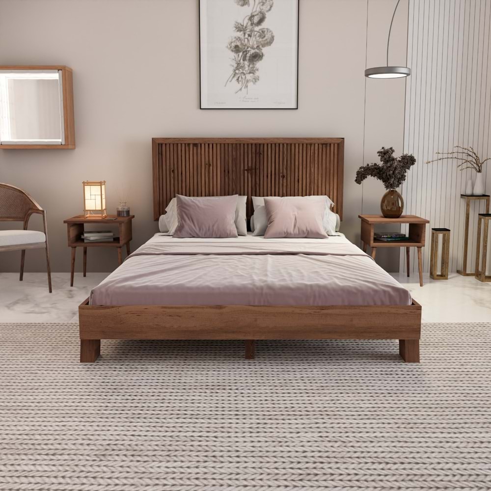 Alaz Model Ceviz Renk Çam Ahşap Karyola Ve İki Komodin Set ( Dikey )