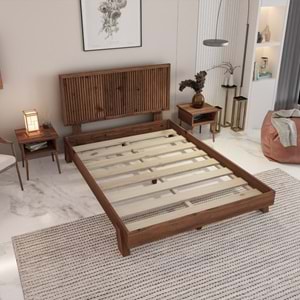 Alaz Model Ceviz Renk Çam Ahşap Karyola Ve İki Komodin Set ( Dikey )