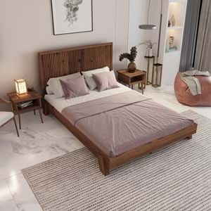 Alaz Model Ceviz Renk Çam Ahşap Karyola Ve İki Komodin Set ( Dikey )