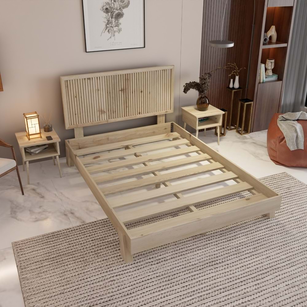 Alaz Model Doğal Çam Ahşap Karyola Ve İki Komodin Set ( Dikey )