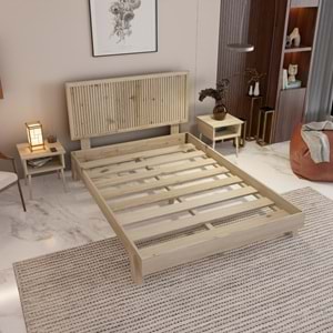 Alaz Model Vernikli Çam Ahşap Karyola Ve İki Komodin Set ( Dikey )