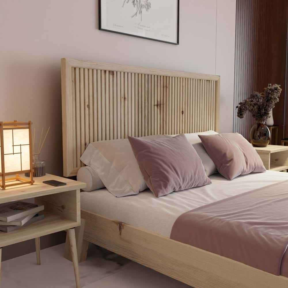 Alaz Model Vernikli Çam Ahşap Karyola Ve İki Komodin Set ( Dikey )