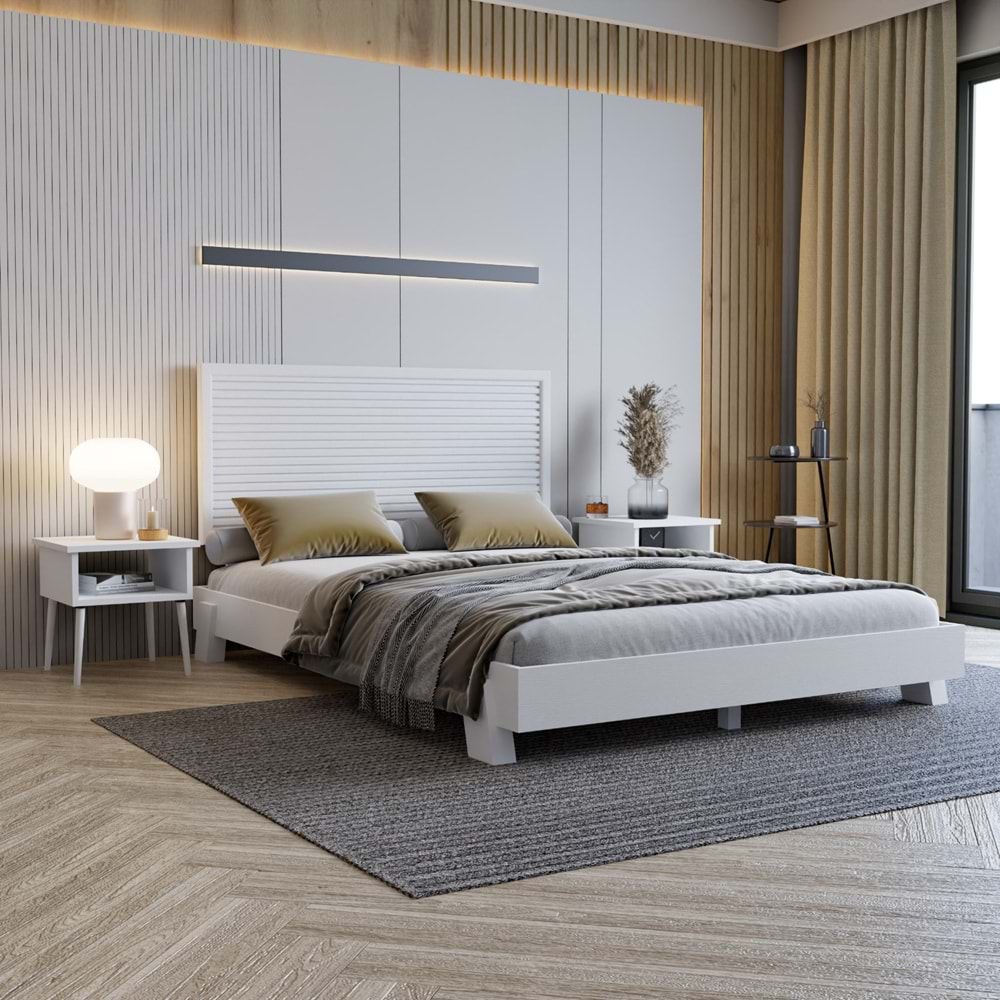 Alaz Model Beyaz Renk Çam Ahşap Karyola Ve İki Komodin Set ( YTY )