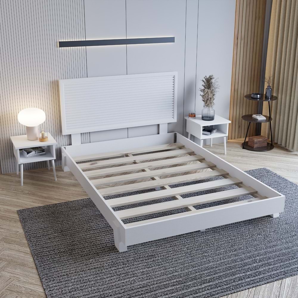 Alaz Model Beyaz Renk Çam Ahşap Karyola Ve İki Komodin Set ( YTY )
