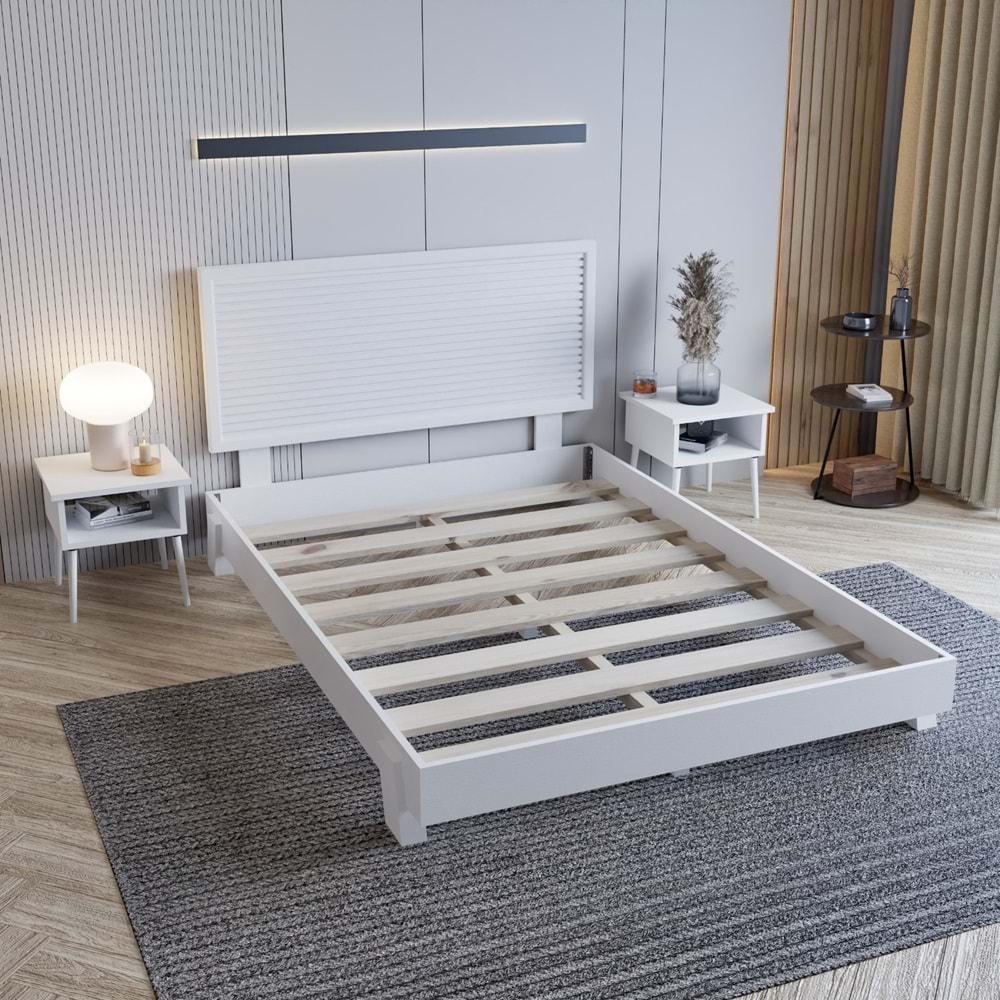 Alaz Model Beyaz Renk Çam Ahşap Karyola Ve İki Komodin Set ( YTY )