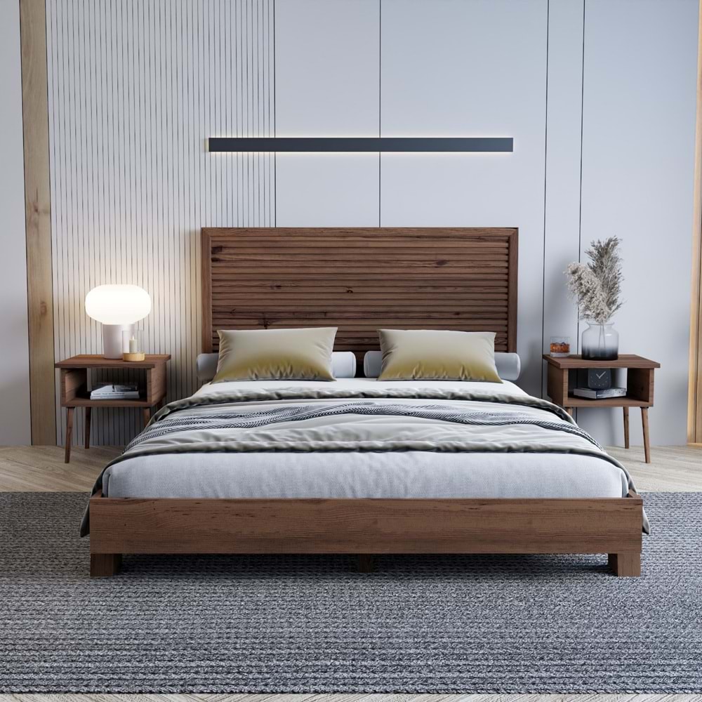 Alaz Model Ceviz Renk Çam Ahşap Karyola Ve İki Komodin Set ( YTY )