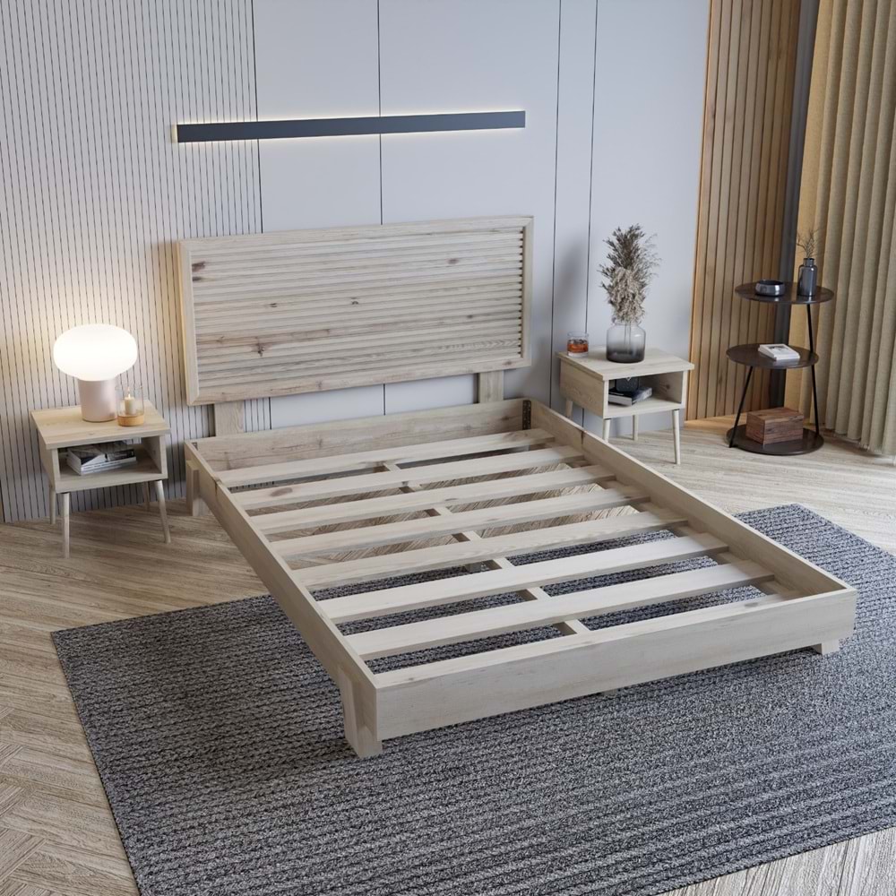 Alaz Model Vernikli Çam Ahşap Karyola Ve İki Komodin Set ( YTY )
