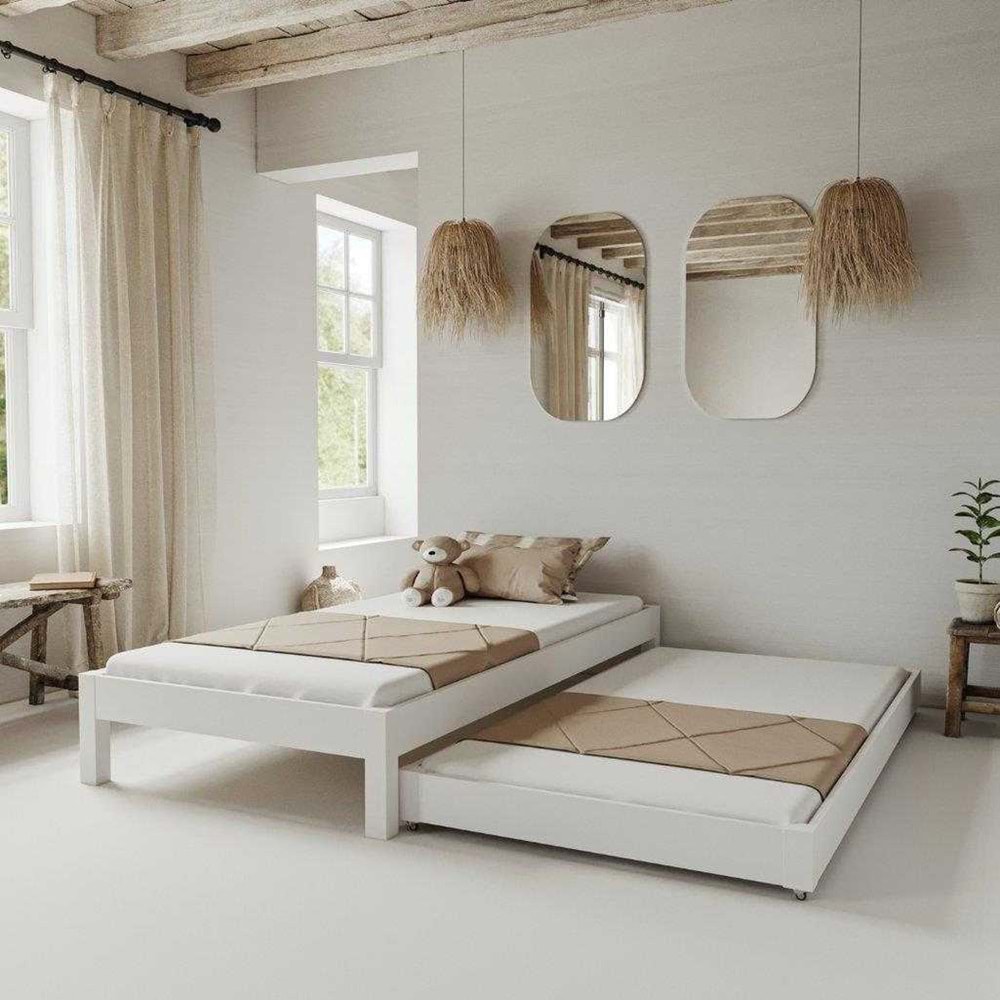 Canvas Model Yavrulu Beyaz Renk Çam Ahşap Karyola