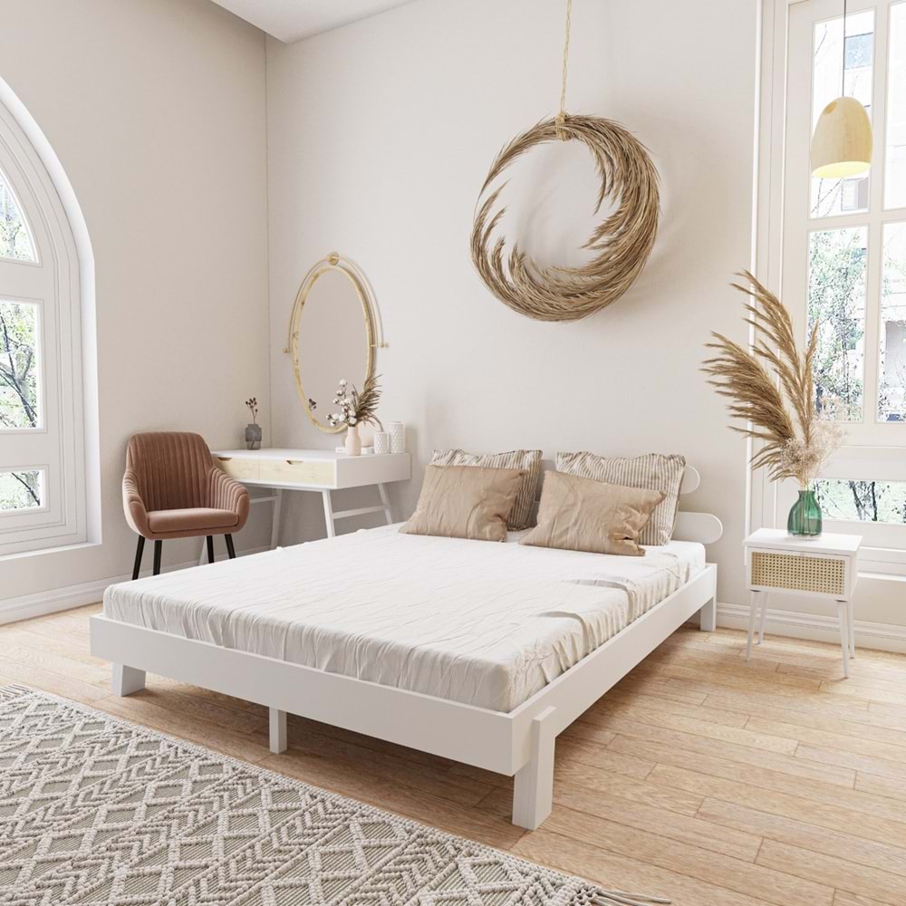 Damla Model Beyaz Renk Ahşap Karyola Ve İki komodin Set