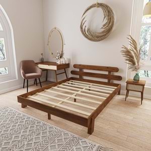 Damla Model Ceviz Renk Ahşap Karyola Ve İki komodin Set