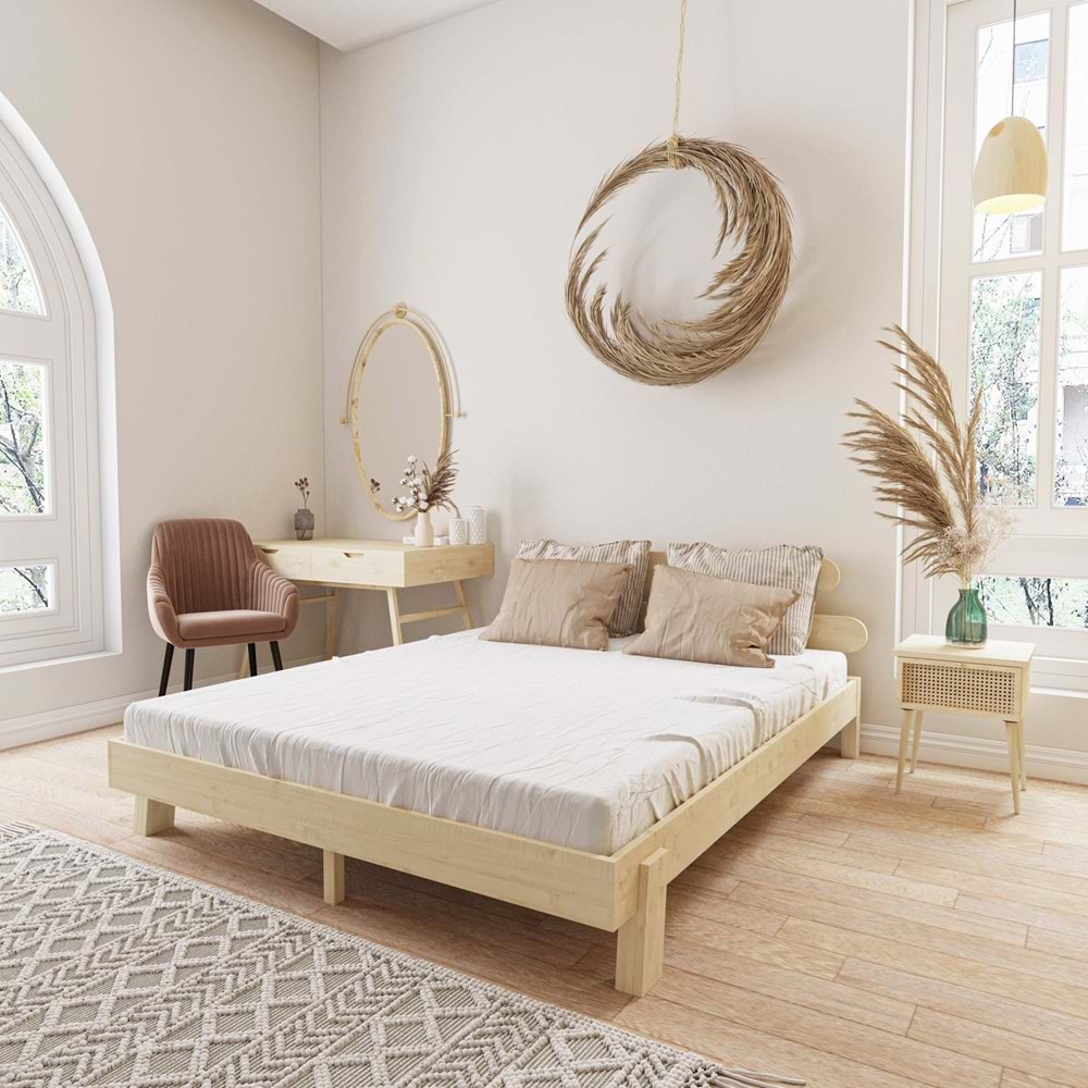 Damla Model Vernikli Ahşap Karyola Ve İki komodin Set