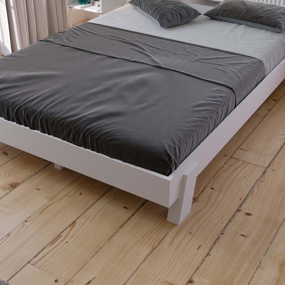 Ebruli Model Beyaz Renk Çam Ahşap Karyola Ve İki Komodin Set ( Dikey )