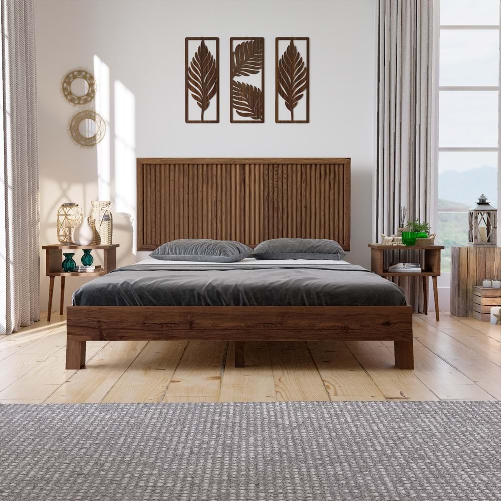 Ebruli Model Ceviz Renk Çam Ahşap Karyola Ve İki Komodin Set ( Dikey )