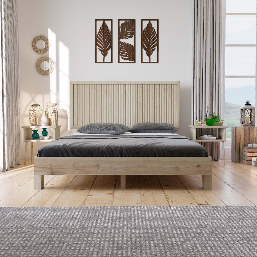 Ebruli Model Doğal Çam Ahşap Karyola Ve İki Komodin Set ( Dikey )