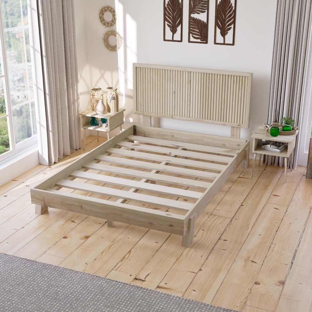 Ebruli Model Vernikli Çam Ahşap Karyola Ve İki Komodin Set ( Dikey )