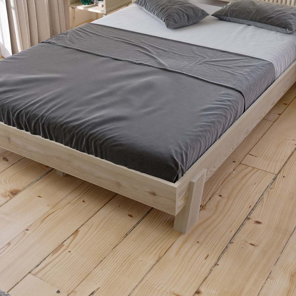 Ebruli Model Vernikli Çam Ahşap Karyola Ve İki Komodin Set ( Dikey )