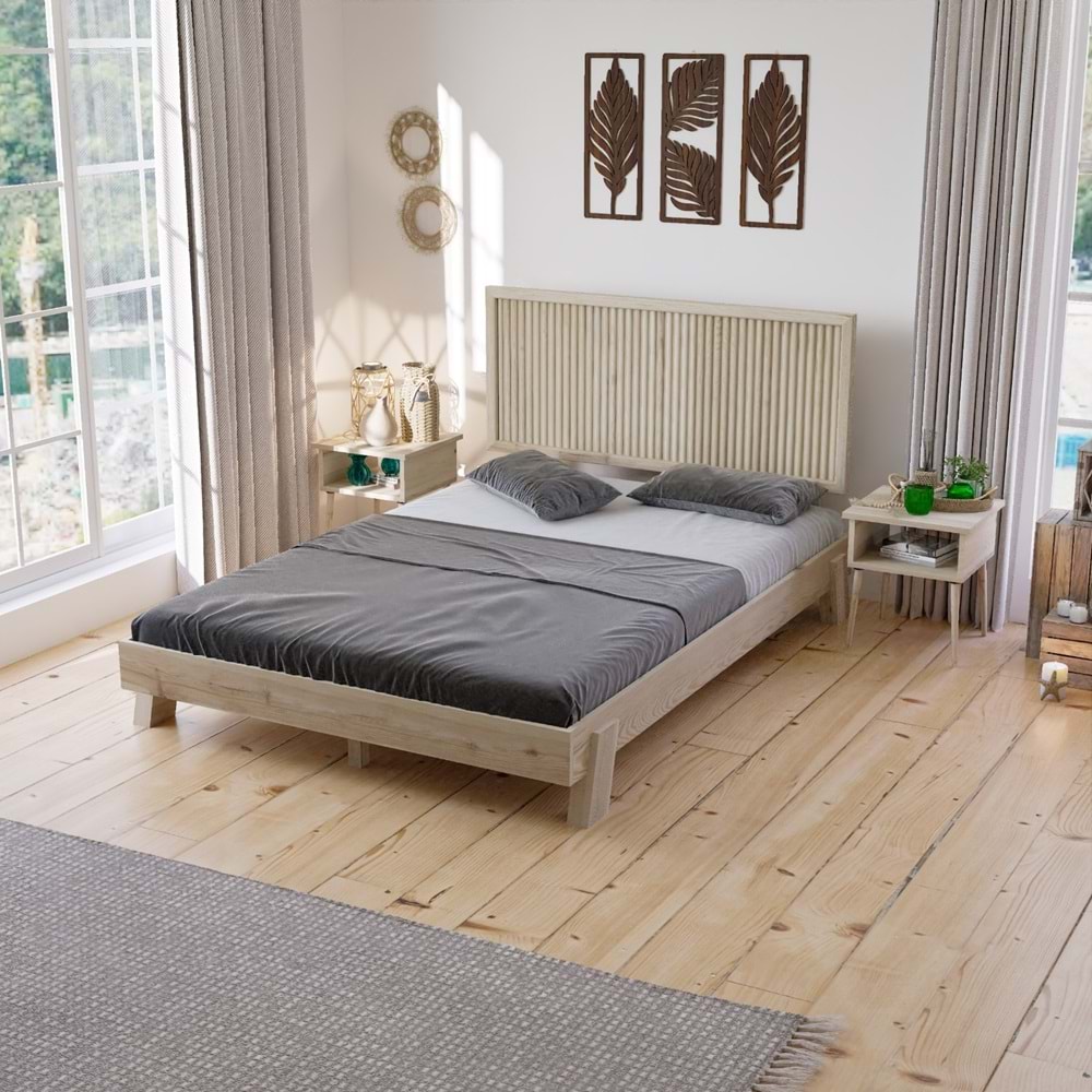 Ebruli Model Vernikli Çam Ahşap Karyola Ve İki Komodin Set ( Dikey )
