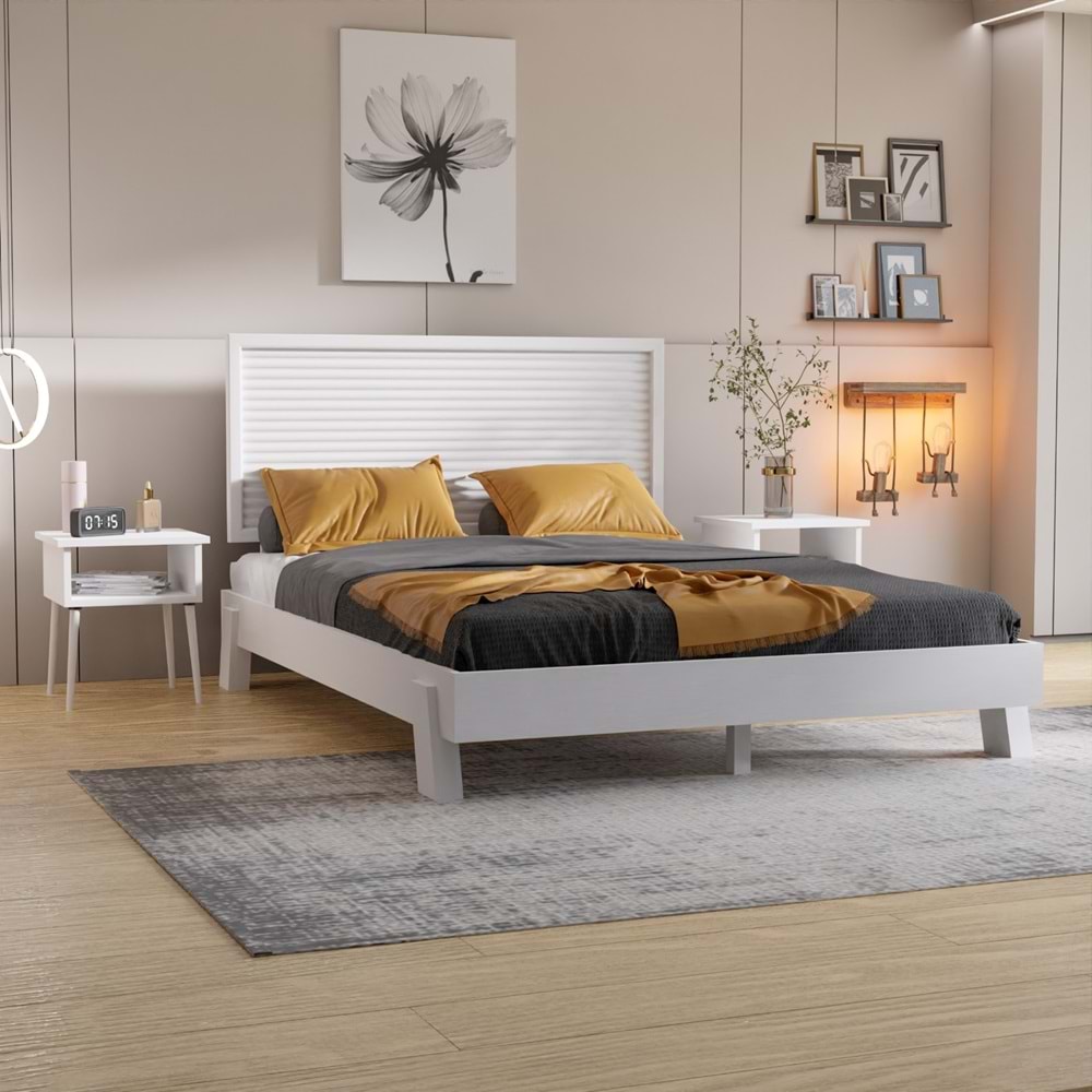 Ebruli Model Beyaz Renk Çam Ahşap Karyola Ve İki Komodin Set ( YTY )