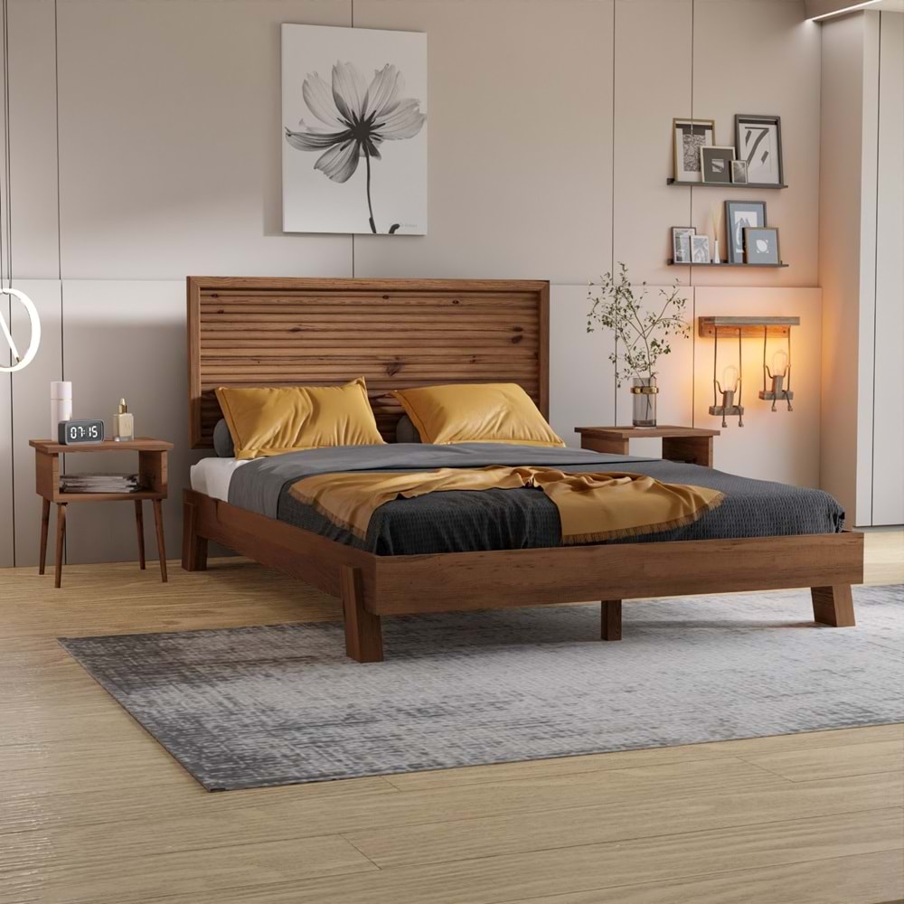 Ebruli Model Ceviz Renk Çam Ahşap Karyola Ve İki Komodin Set ( YTY )