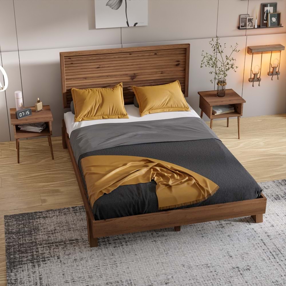 Ebruli Model Ceviz Renk Çam Ahşap Karyola Ve İki Komodin Set ( YTY )