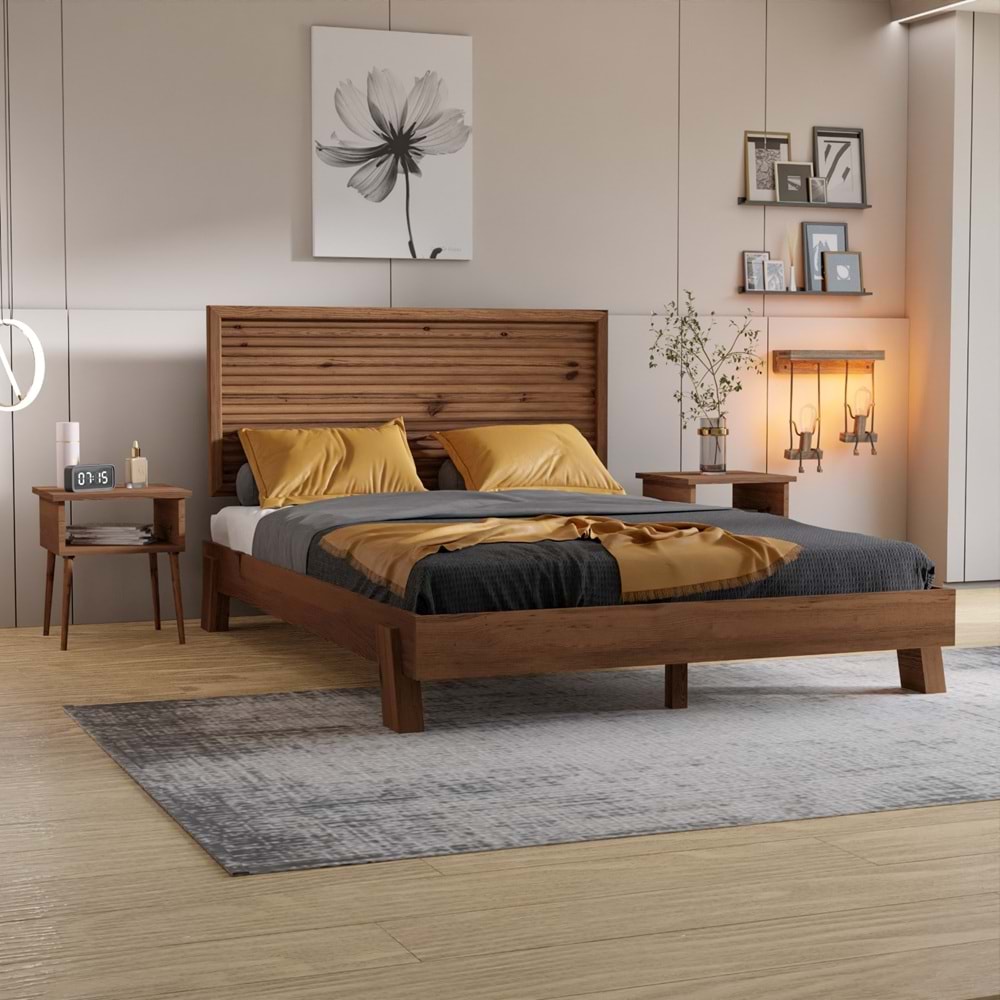 Ebruli Model Ceviz Renk Çam Ahşap Karyola