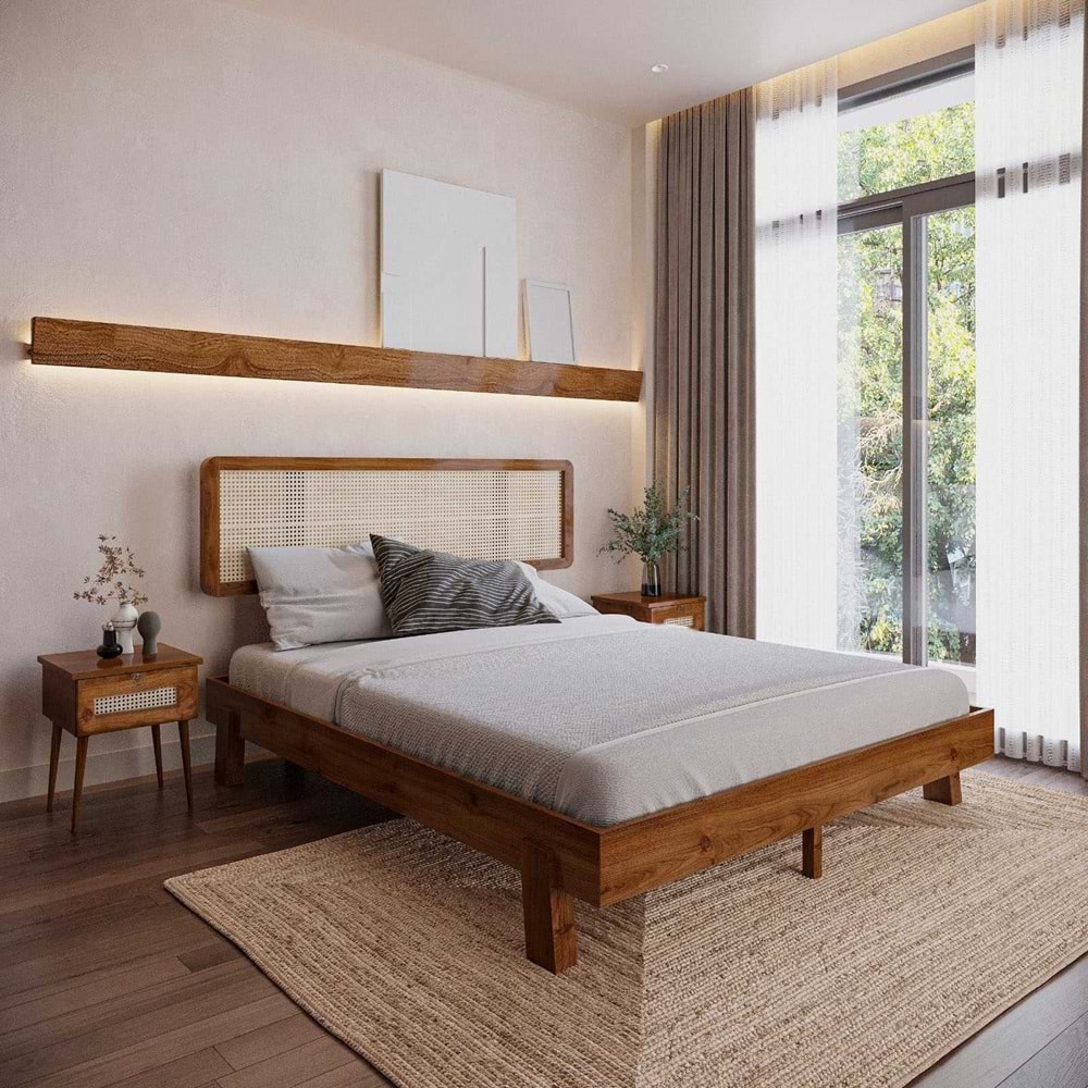 Hazeran Lilyum Model Ceviz Renk Ahşap Karyola Ve İki komodin Set