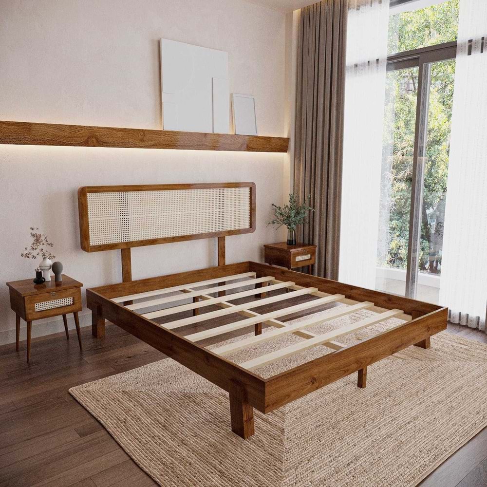 Hazeran Lilyum Model Ceviz Renk Ahşap Karyola Ve İki komodin Set