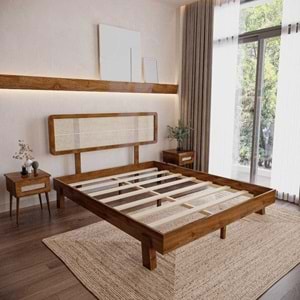 Hazeran Lilyum Model Ceviz Renk Ahşap Karyola Ve İki komodin Set