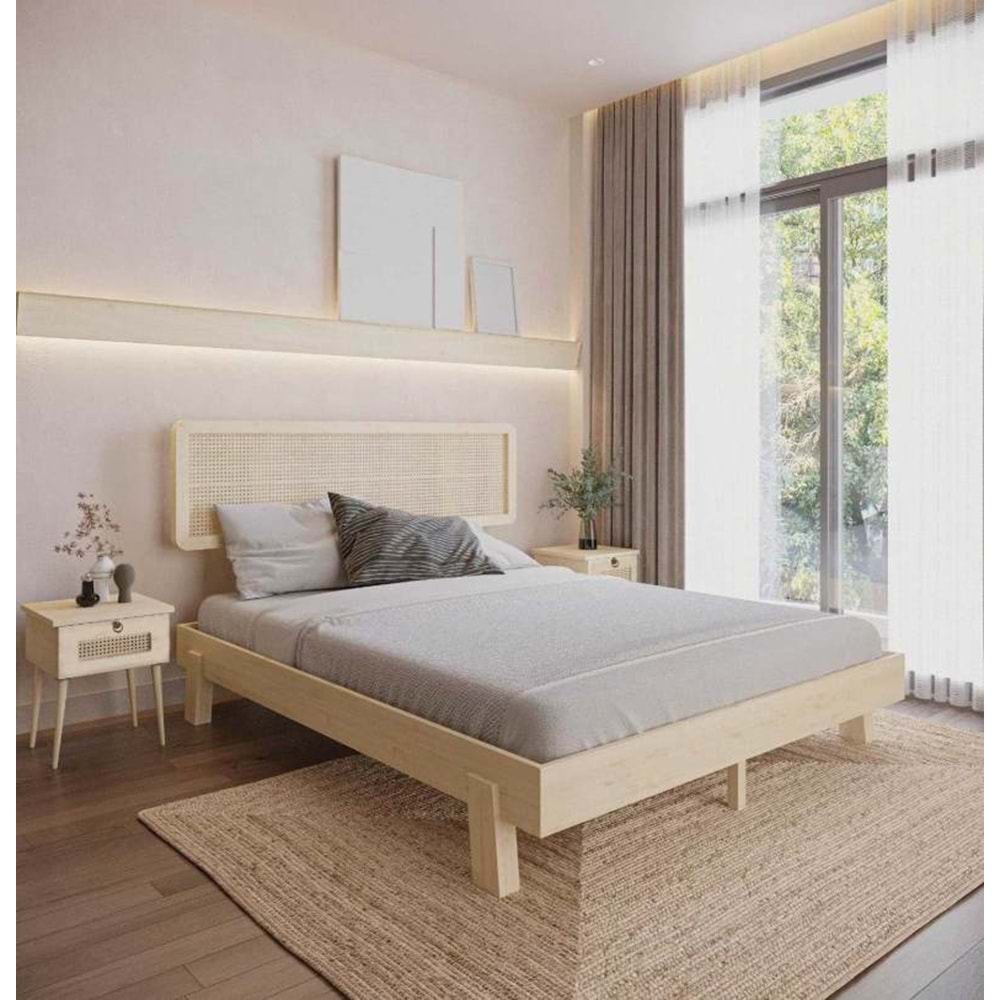 Hazeran Lilyum Model Doğal Ahşap Karyola Ve İki komodin Set