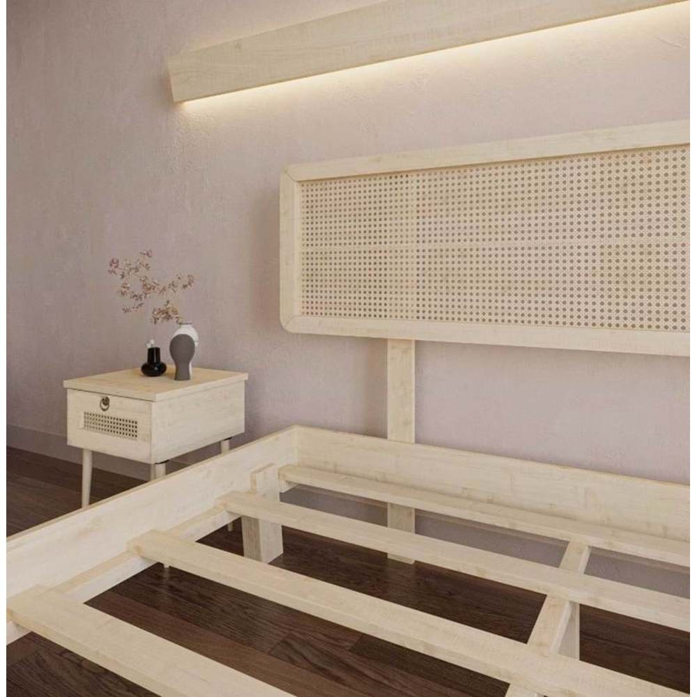 Hazeran Lilyum Model Doğal Ahşap Karyola Ve İki komodin Set