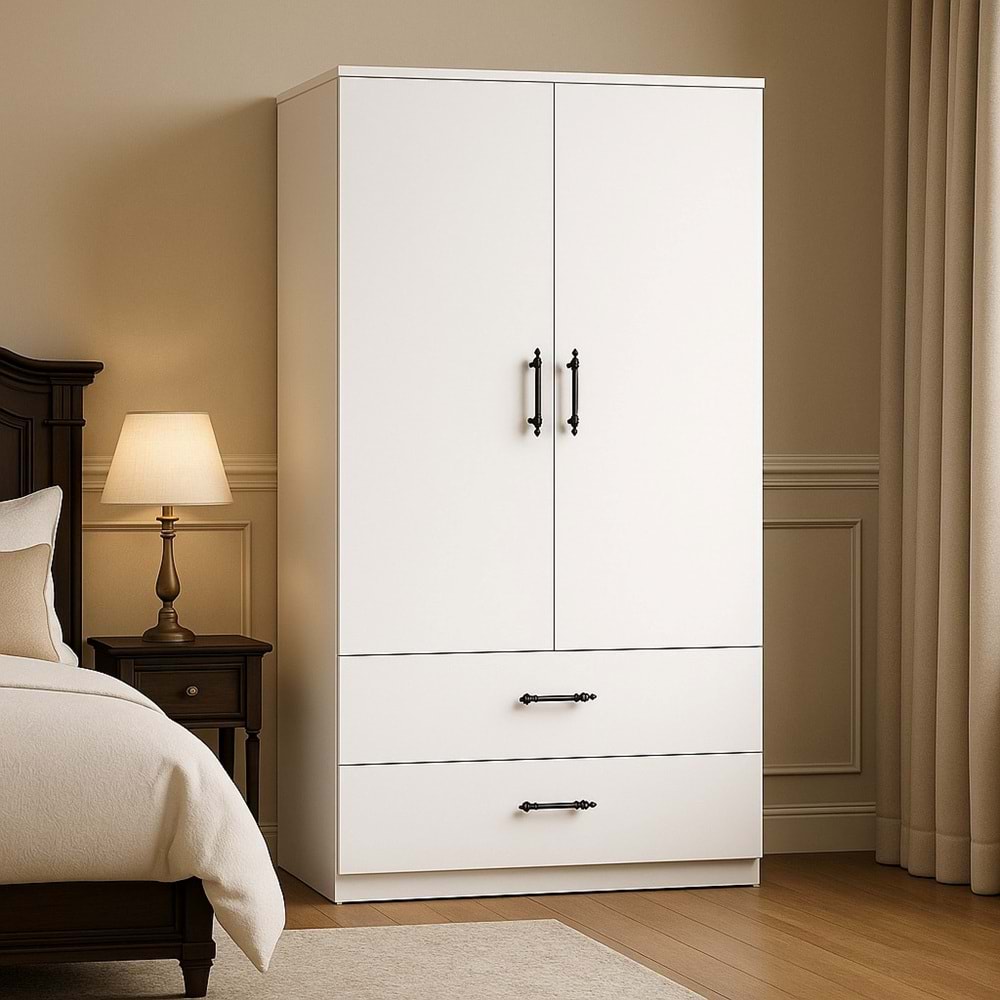 Renazzo %100 MDF 2 Kapaklı 2 Çekmeceli Gardırop