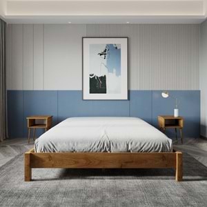 LOFT Model Ceviz Renk Çam Ahşap Karyola Ve İki Komodin Set