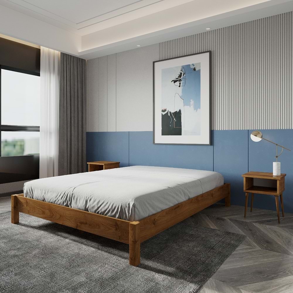 LOFT Model Ceviz Renk Çam Ahşap Karyola Ve İki Komodin Set