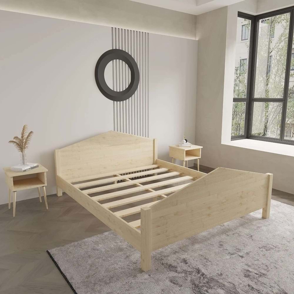 Milano Model Doğal Çam Ahşap Karyola Ve İki Komodin Set