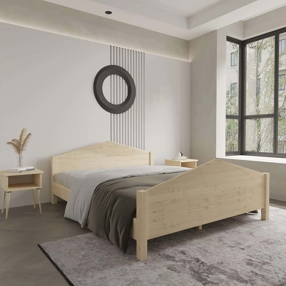 Milano Model Doğal Çam Ahşap Karyola Ve İki Komodin Set