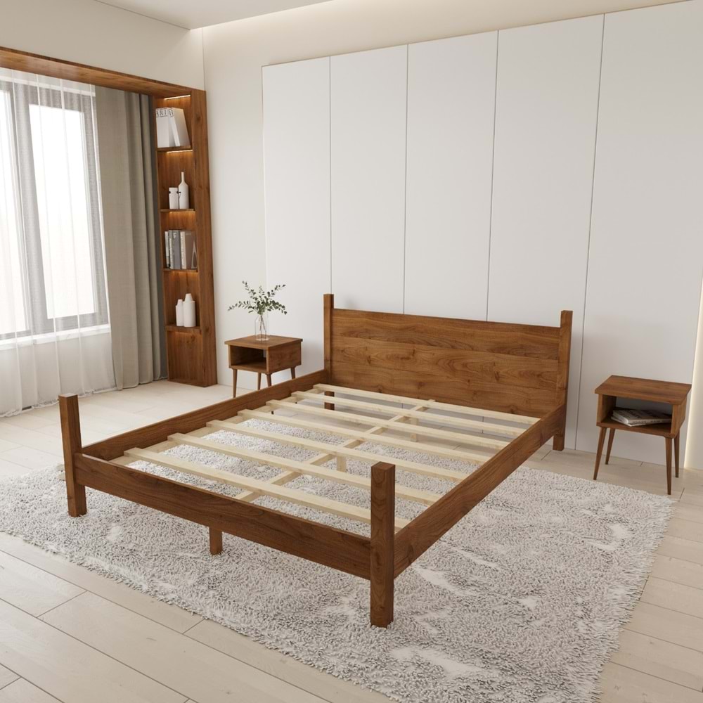 Mirage Model Ceviz Renk Çam Ahşap Karyola Ve İki Komodin Set