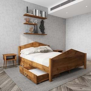 Milano Model Dört Çekmeceli Model Ceviz Renk Çam Ahşap Karyola Ve İki Komodin Set