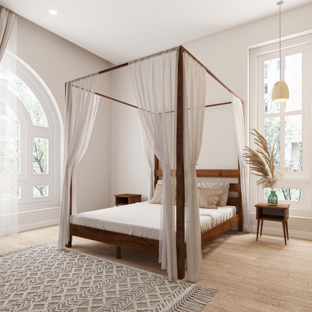 Natura Model Cibindirik Askılıklı Ceviz Renk Çam Ahşap Karyola Ve İki Komodin Set