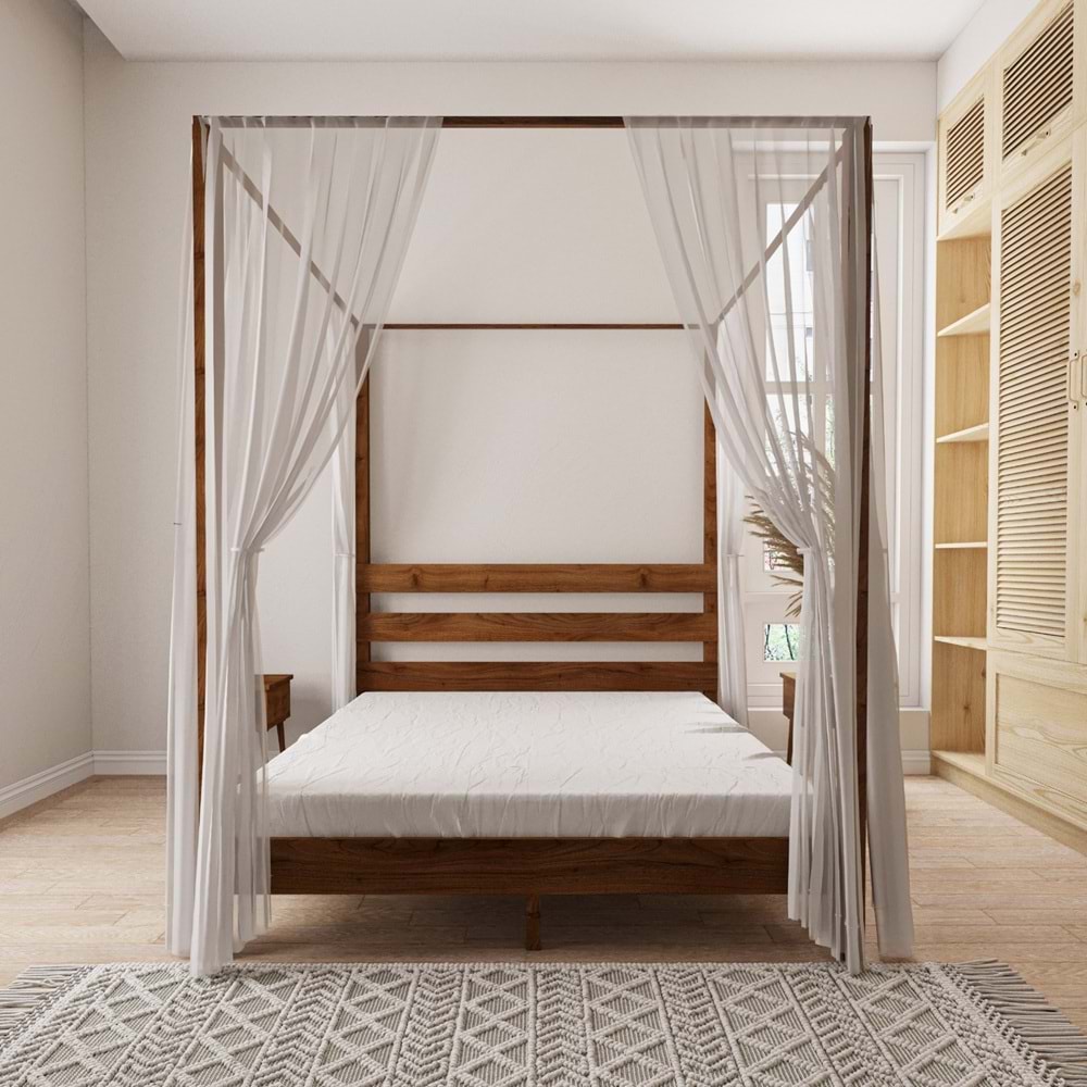 Natura Model Cibindirik Askılıklı Ceviz Renk Çam Ahşap Karyola Ve İki Komodin Set