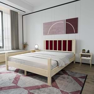 Orion Model Bordo Renk Puflu Başlıklı Vernikli Çam Ahşap Karyola Ve İki Komodin Set