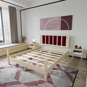 Orion Model Bordo Puflu Başlıklı Doğal Çam Ahşap Karyola