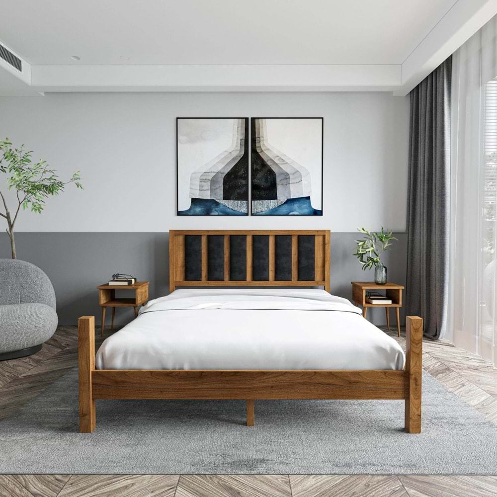 Orion Model Çağla Yeşili Puflu Başlıklı Ceviz Renk Çam Ahşap Karyola Ve İki Komodin Set