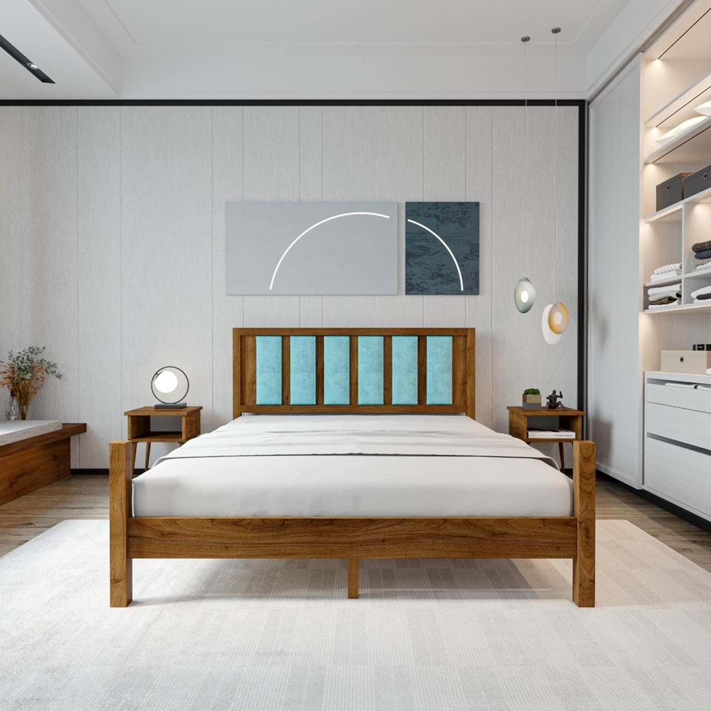 Orion Model Cam Göbeği Puflu Başlıklı Ceviz Renk Çam Ahşap Karyola Ve İki Komodin Set